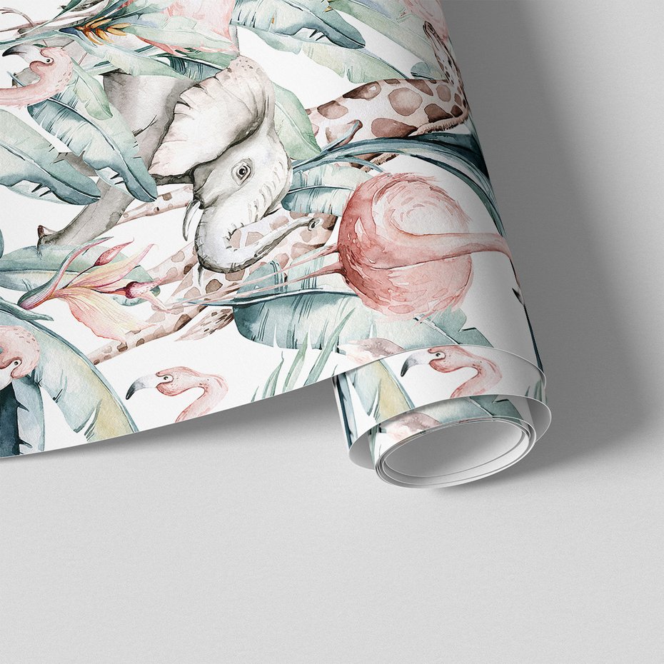 Tapeta - żyrafa, słoń, flaming,