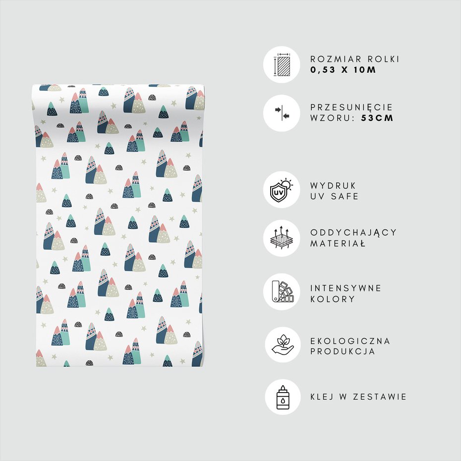 Tapeta - dziecięca, góry, gwiazdy, kropki