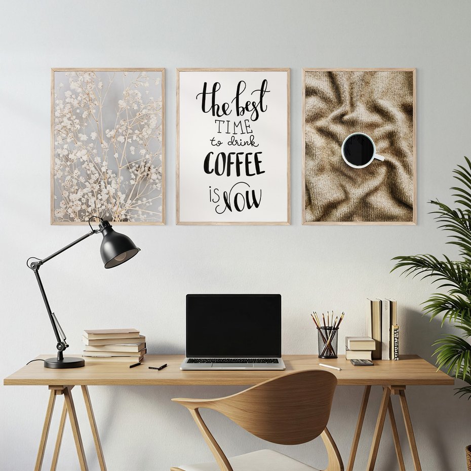 Zestaw obrazy w ramie, plakaty - kwiaty,kawa,tekst - rama drewno