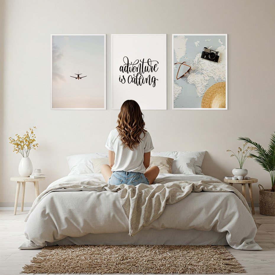 Zestaw obrazy w ramie, plakaty - podróż, samolot, mapa - rama biała