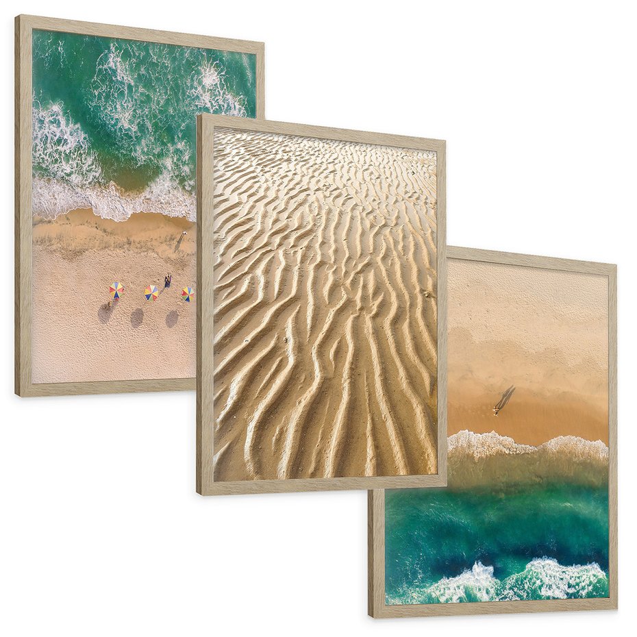 Zestaw obrazy w ramie, plakaty - plaża, morze, piasek - rama drewno