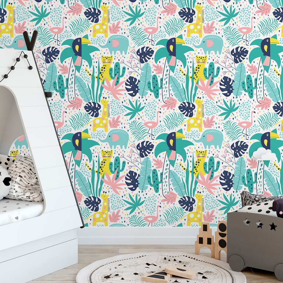 Tapeta - dziecięca, zwierzęta, liście, palma