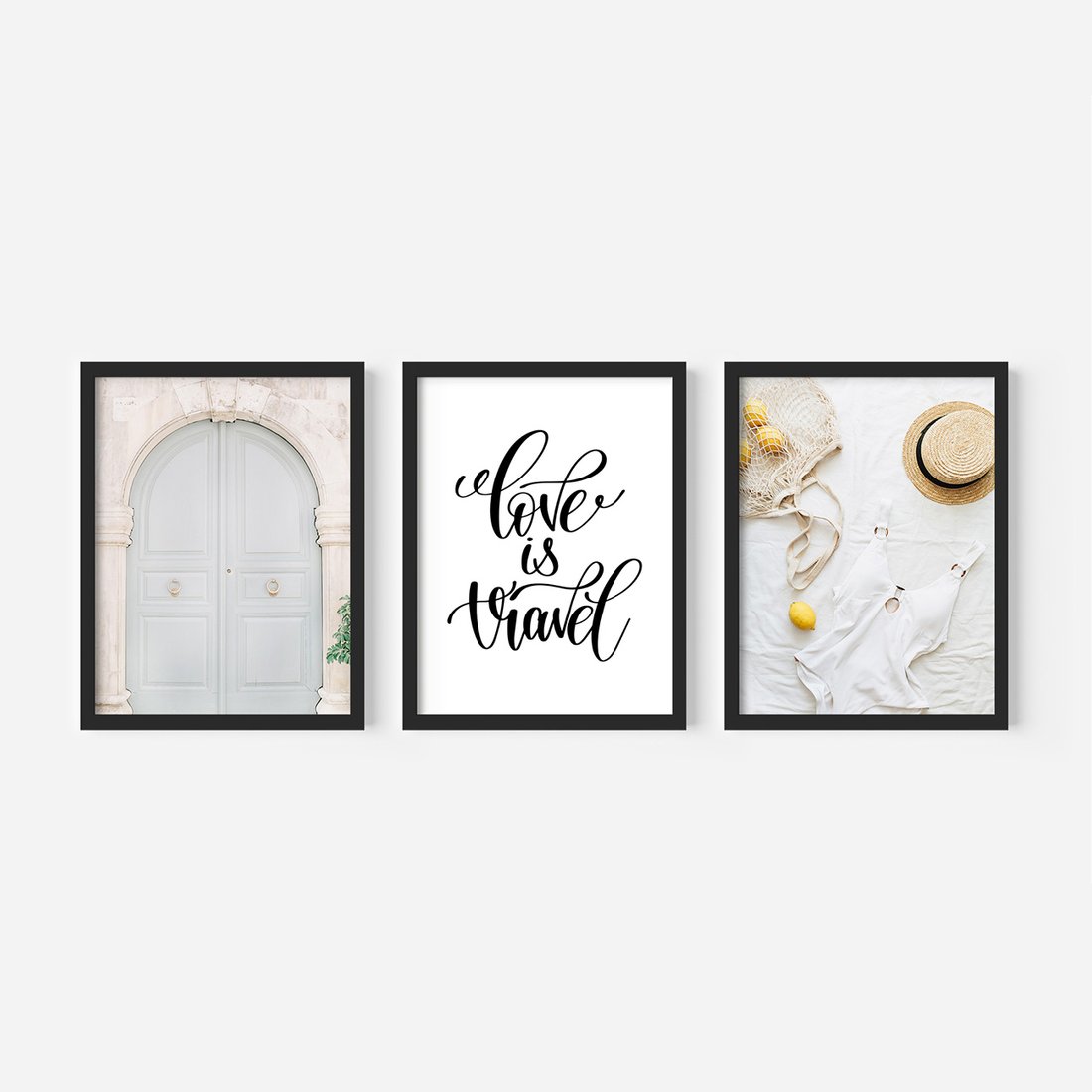 Zestaw obrazy w ramie, plakaty - podróż, cytryny, drzwi - rama czarna