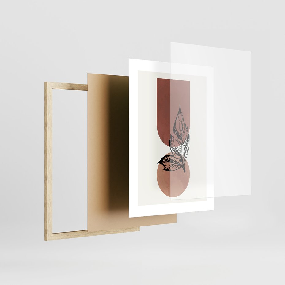 Zestaw obrazy w ramie, plakaty - abstrakcja, liście, kształty - rama drewno