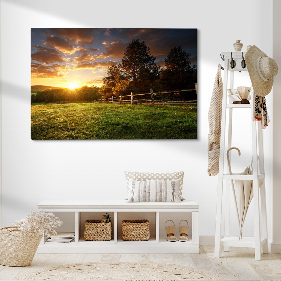 Obraz na płótnie - zachód słońca, trawa, drzewa