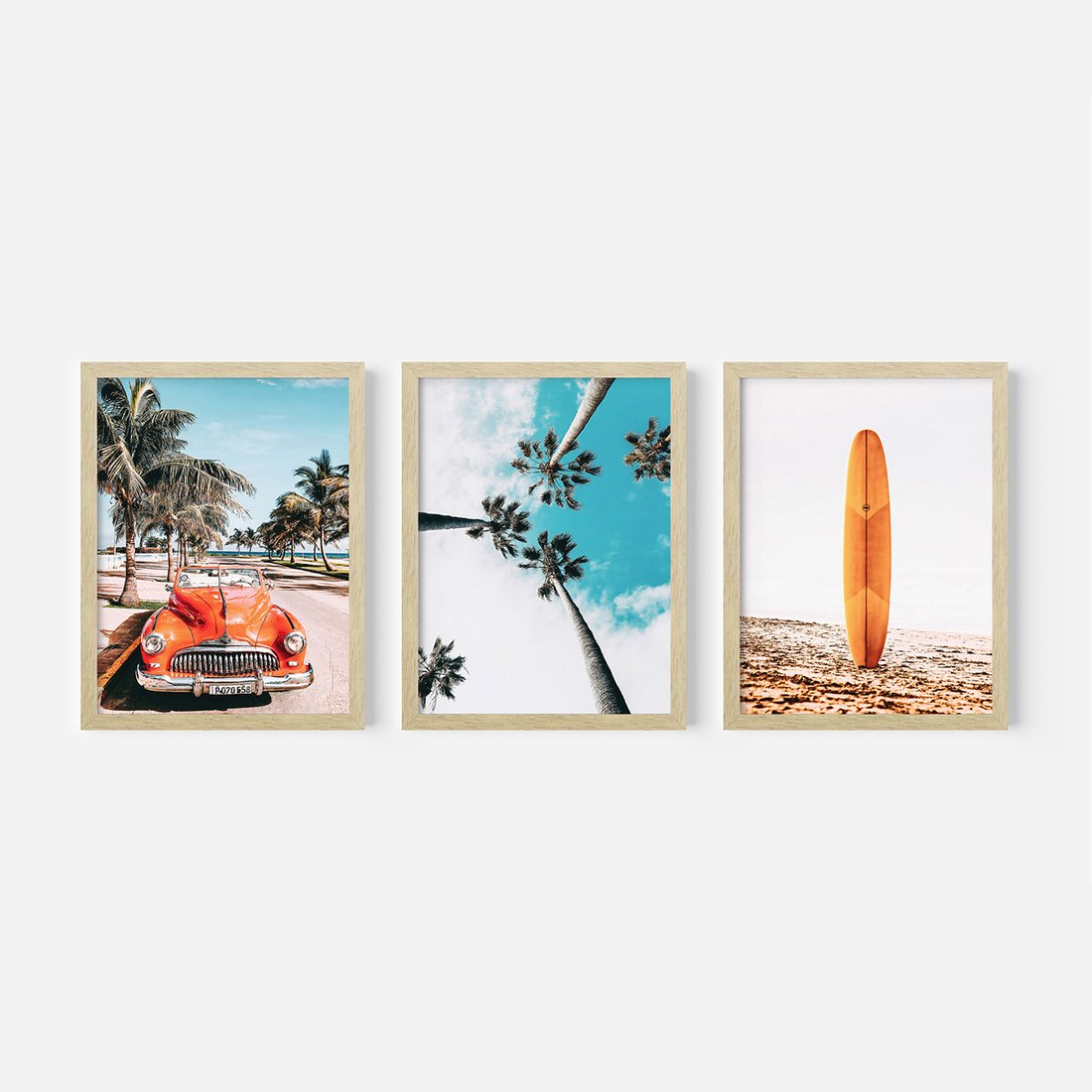 Zestaw obrazy w ramie, plakaty - palmy, plaża, wakacje - rama drewno