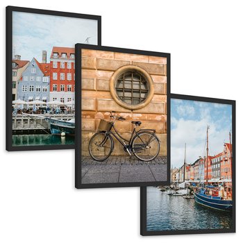 Zestaw obrazy w ramie, plakaty - miasto, budynki, kanał - rama czarna