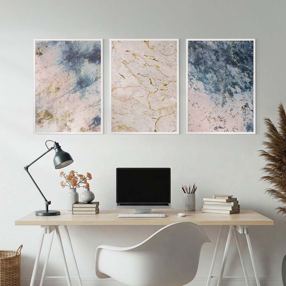 Zestaw obrazy w ramie, plakaty - marmur, złoto, abstrakcja - rama biała