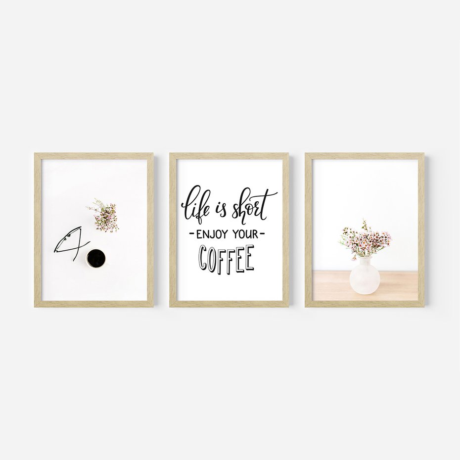 Zestaw obrazy w ramie, plakaty - kwiaty, kawa, okulary - rama drewno