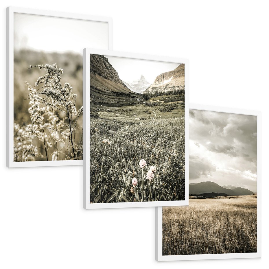 Zestaw obrazy w ramie, plakaty - krajobraz, natura, góry - rama biała
