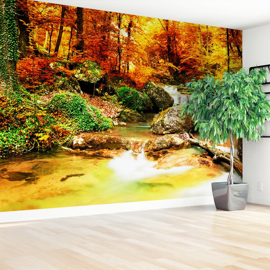 Fototapeta - las, wodospad, jesień