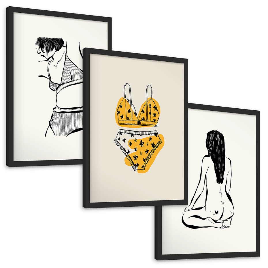 Zestaw obrazy w ramie, plakaty - kobieta, bielizna, ciało - rama czarna