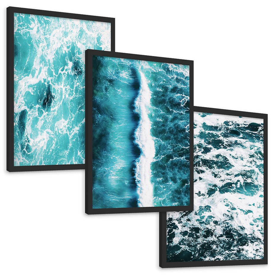 Zestaw obrazy w ramie, plakaty - woda, fale, turkusowy - rama czarna