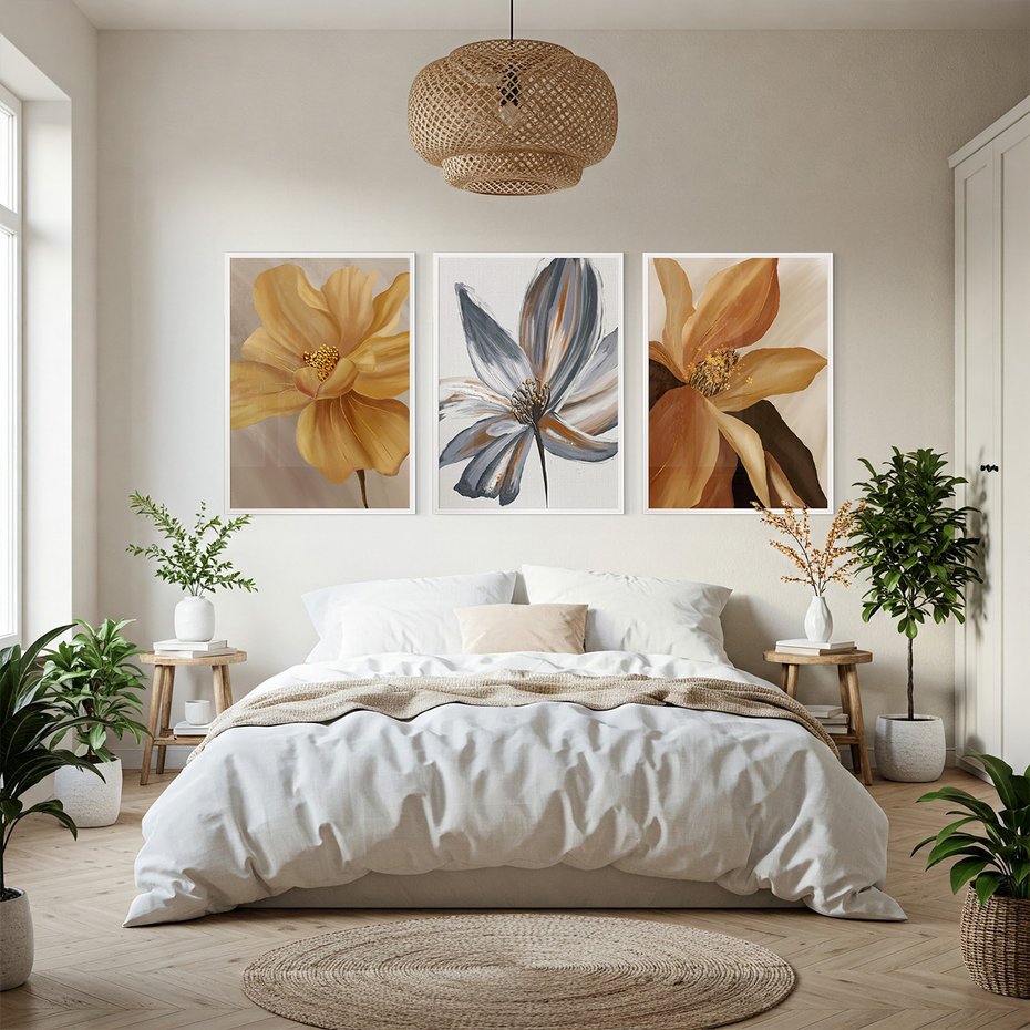 Zestaw obrazy w ramie, plakaty - kwiaty, płatki, dekoracja - rama biała