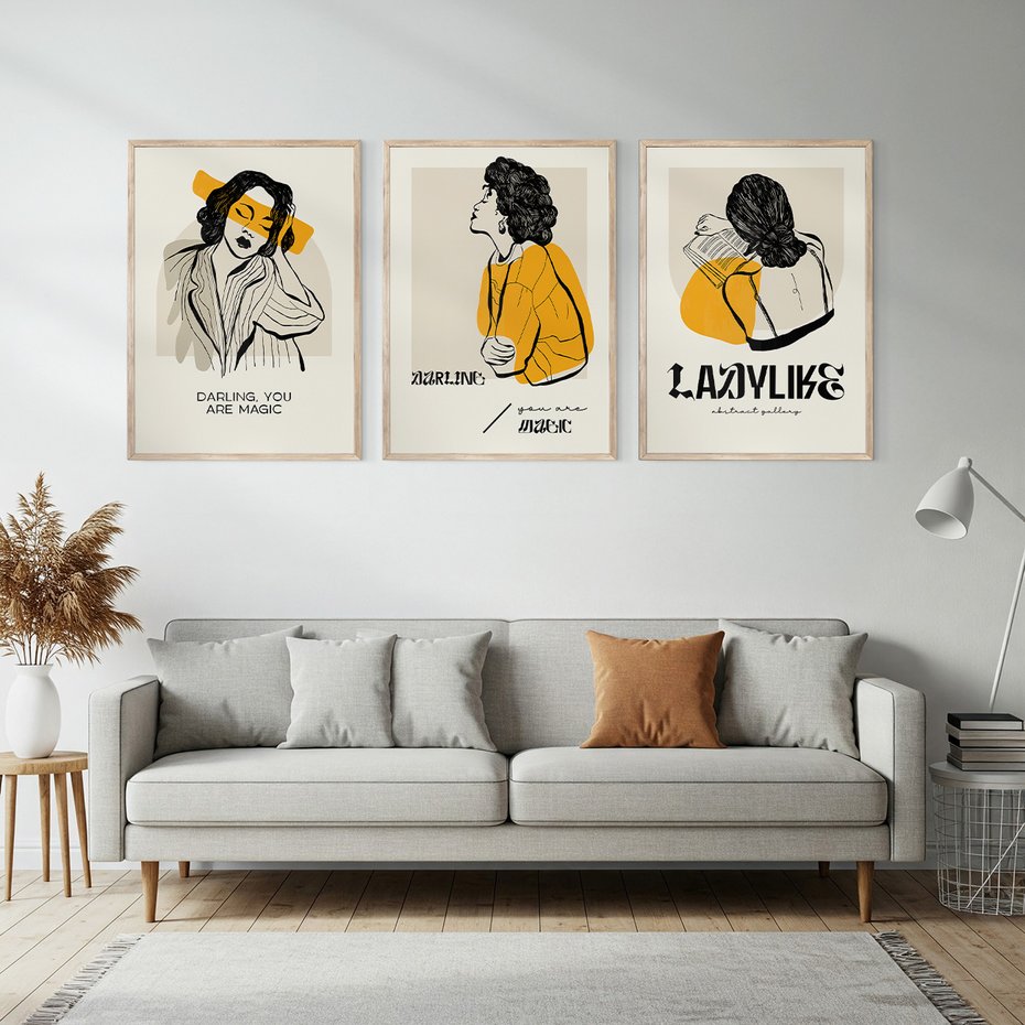 Zestaw obrazy w ramie, plakaty - kobieta, rysunek, portret - rama drewno