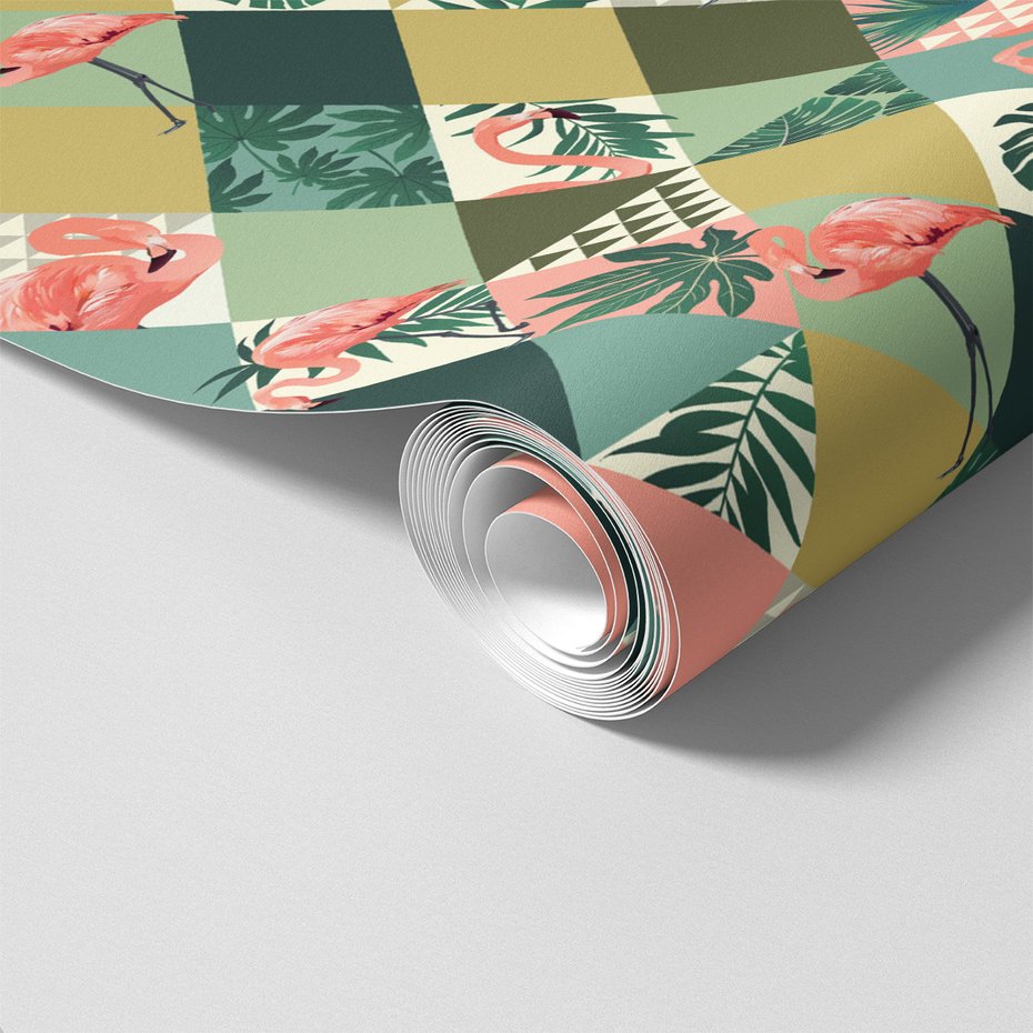 Tapeta - flamingo, liście, trójkąty