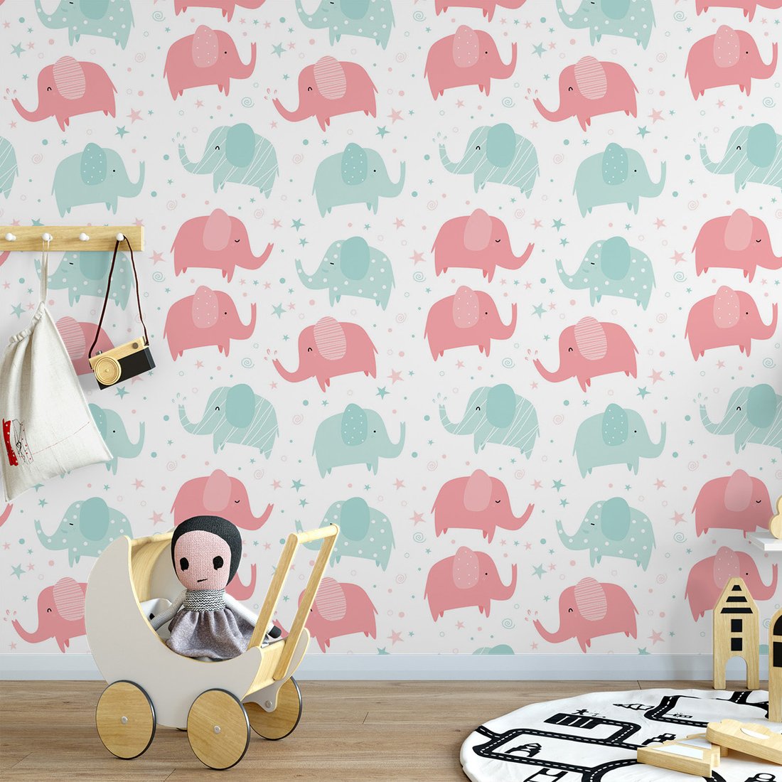 Tapeta - dziecięca, słonie, gwiazdy,