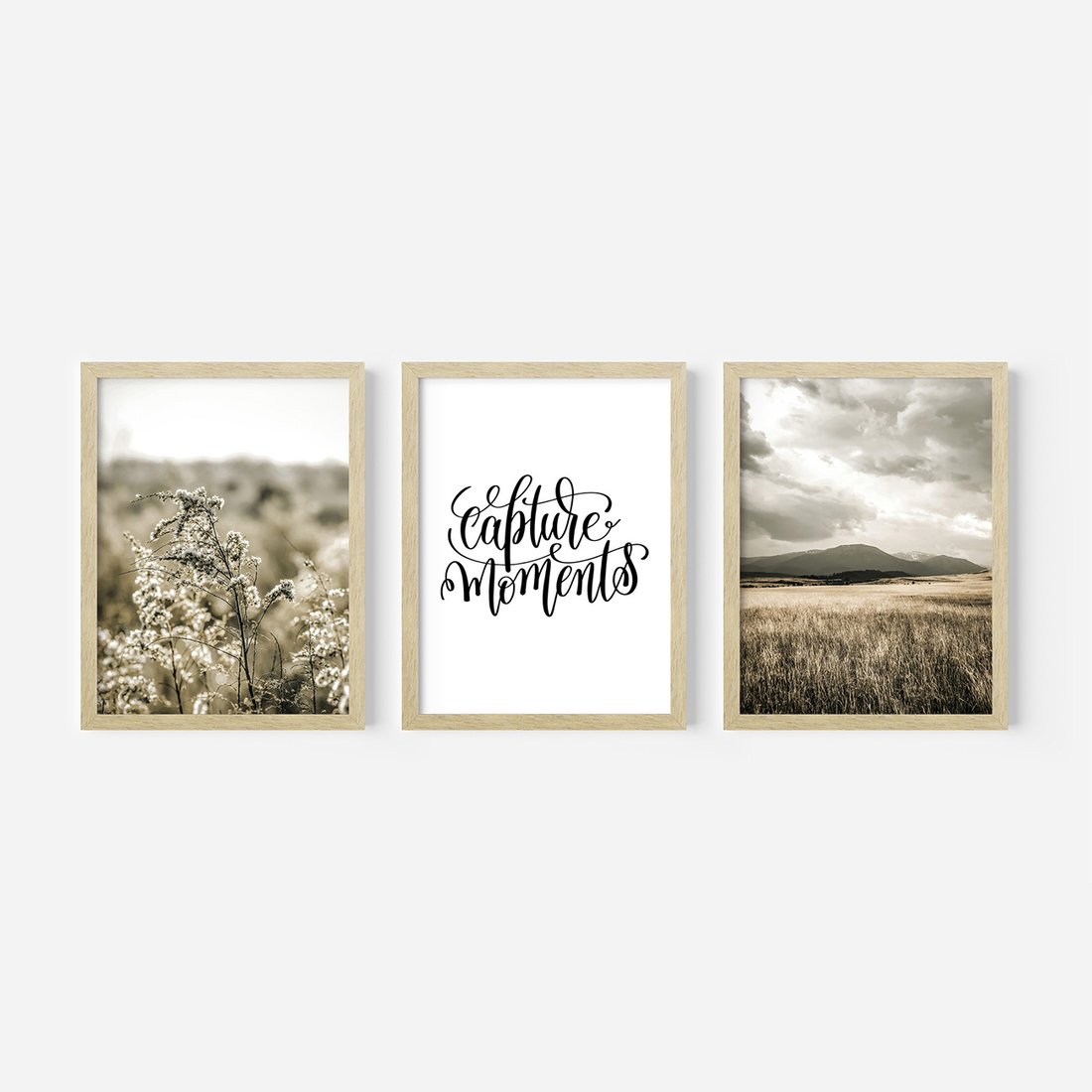 Zestaw obrazy w ramie, plakaty - natura, rośliny, góry - rama drewno