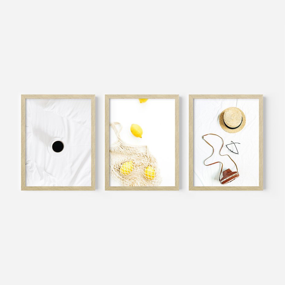 Zestaw obrazy w ramie, plakaty - śniadanie, cytryny, minimalizm - rama drewno