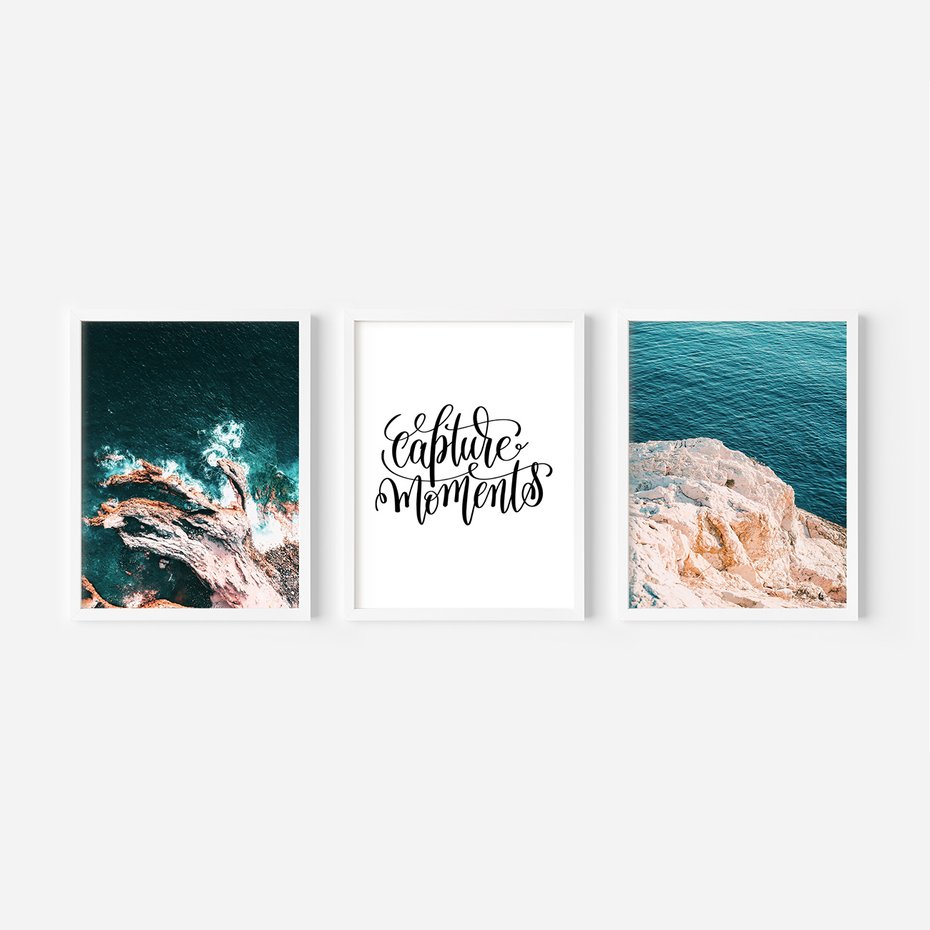 Zestaw obrazy w ramie, plakaty - morze, skały, ocean - rama biała