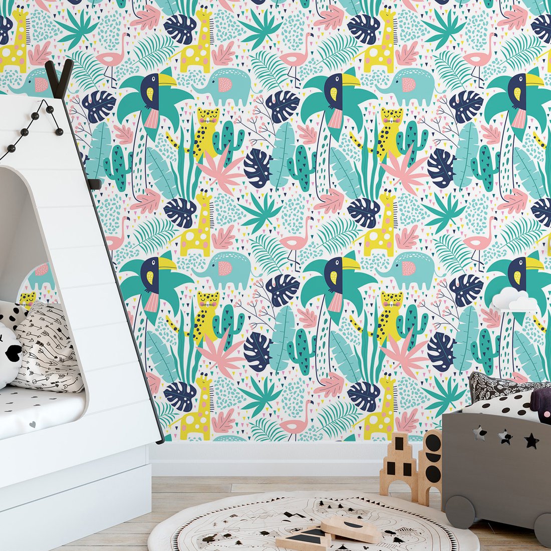 Tapeta - dziecięca, zwierzęta, liście, palma