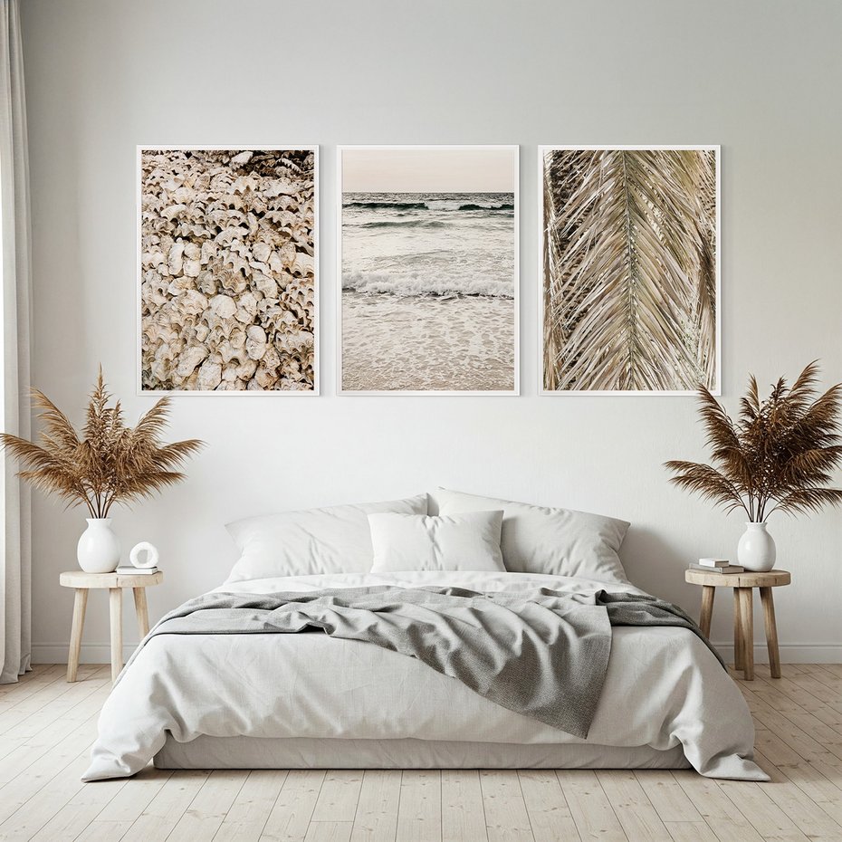 Zestaw obrazy w ramie, plakaty - muszle, morze, liście - rama biała