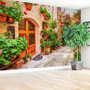 Fototapeta - uliczka, kwiaty, doniczki