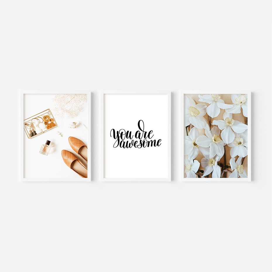 Zestaw obrazy w ramie, plakaty - kwiaty, akcesoria, buty - rama biała