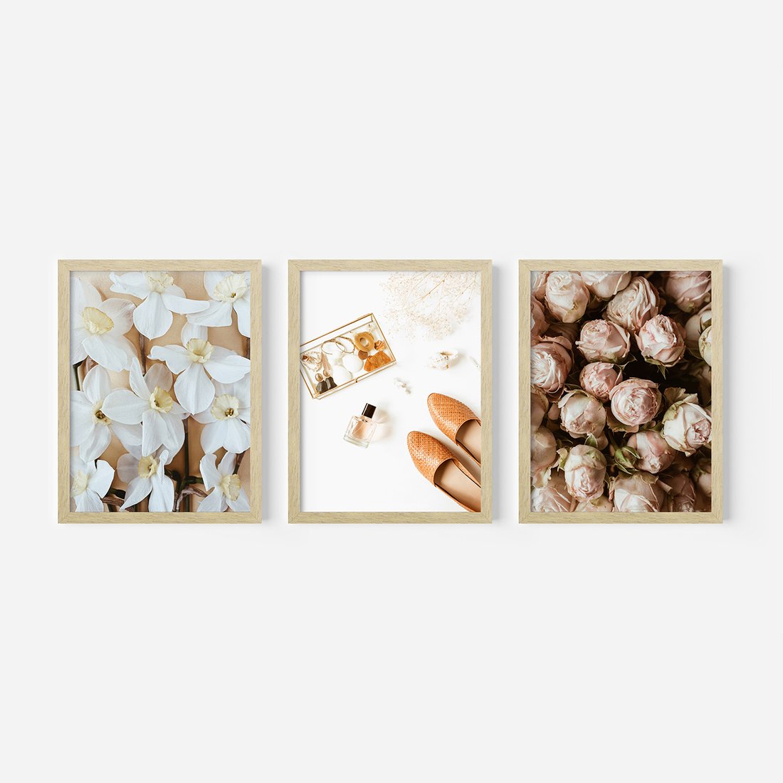 Zestaw obrazy w ramie, plakaty - kwiaty,róże,perfumy - rama drewno