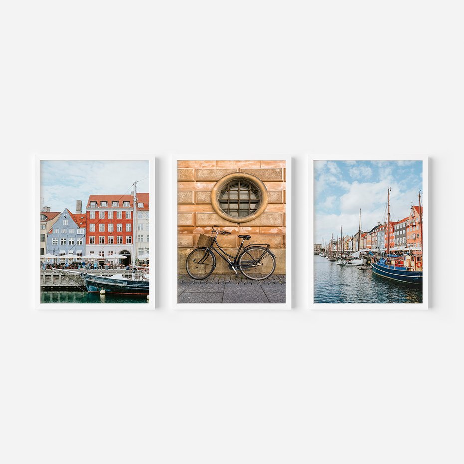 Zestaw obrazy w ramie, plakaty - miasto, budynki, kanał - rama biała