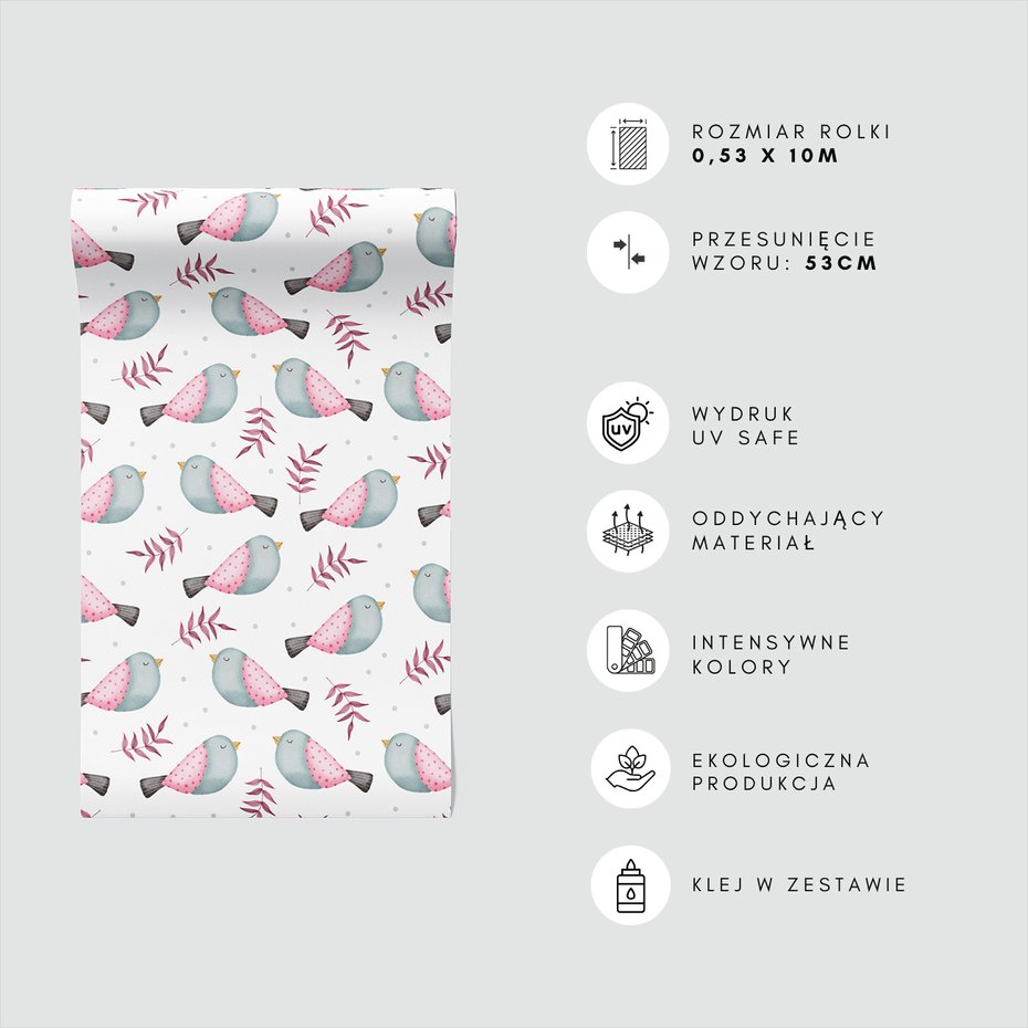 Tapeta - dziecięca, ptaki, liście, kropki