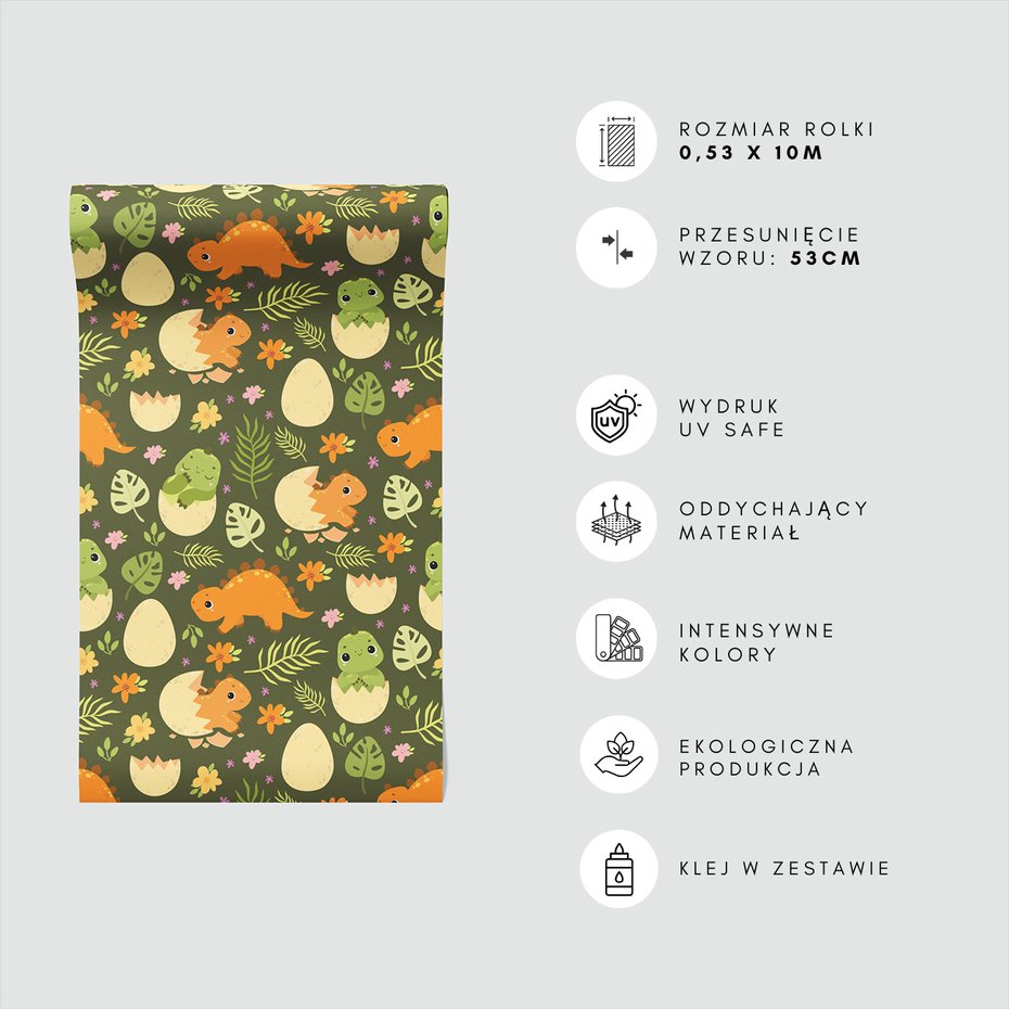 Tapeta - dziecięca, dinozaury, jaja, kwiaty