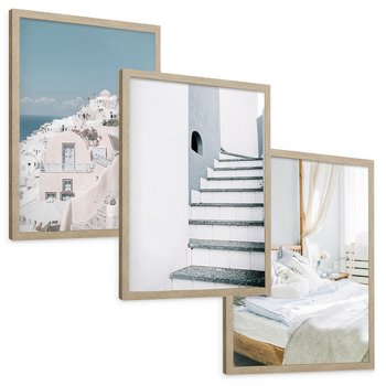 Zestaw obrazy w ramie, plakaty - budynki,schody,łóżko - rama drewno