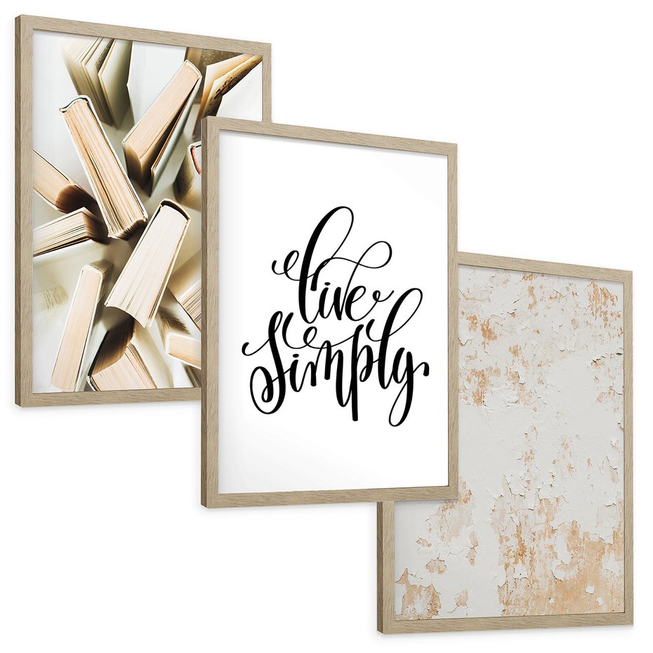 Zestaw obrazy w ramie, plakaty - książki, tekst, ściana - rama drewno