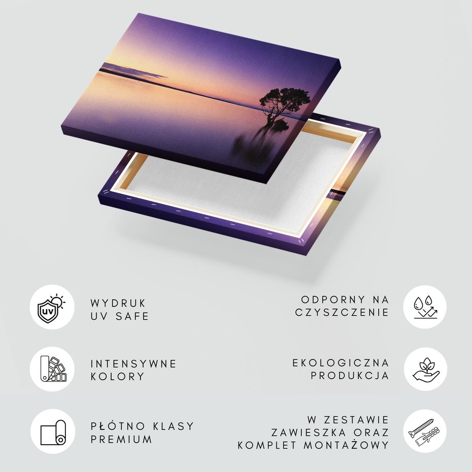 Obraz na płótnie - zachód słońca, woda, drzewo