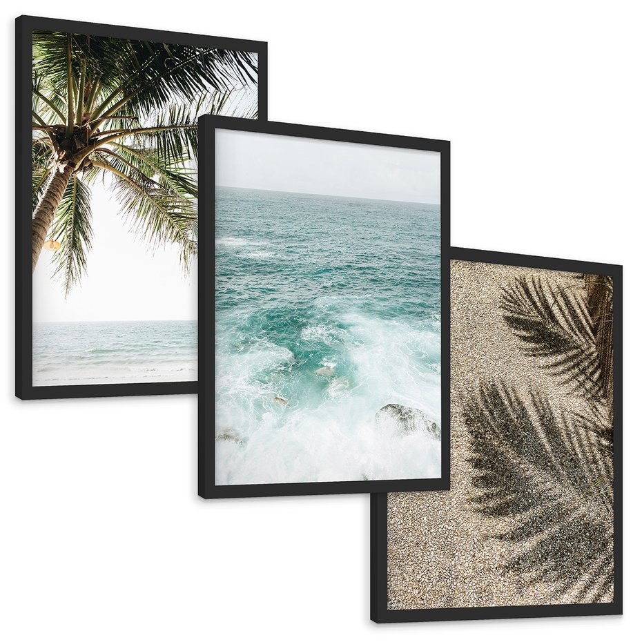 Zestaw obrazy w ramie, plakaty - palma, morze, cień - rama czarna
