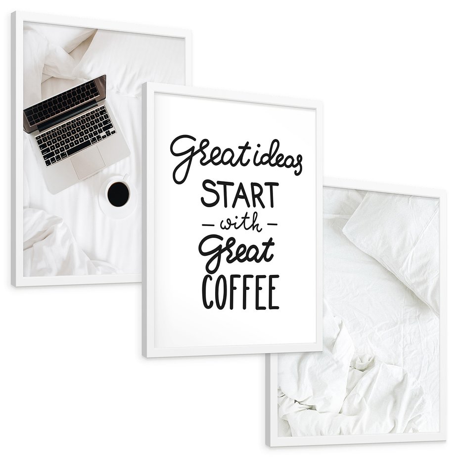 Zestaw obrazy w ramie, plakaty - minimalizm, kawa, laptop - rama biała