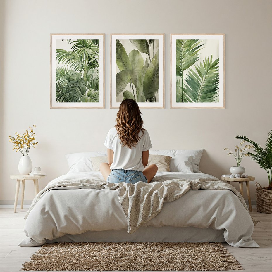 Zestaw obrazy w ramie, plakaty - liście, tropikalny, rośliny - rama drewno