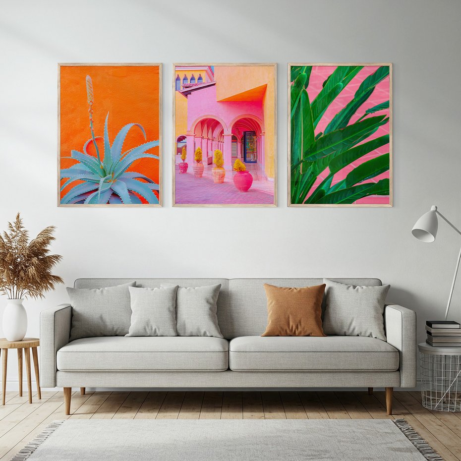 Zestaw obrazy w ramie, plakaty - rośliny, architektura, tropikalne - rama drewno