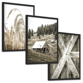 Zestaw obrazy w ramie, plakaty - natura, drewno, wieś - rama czarna