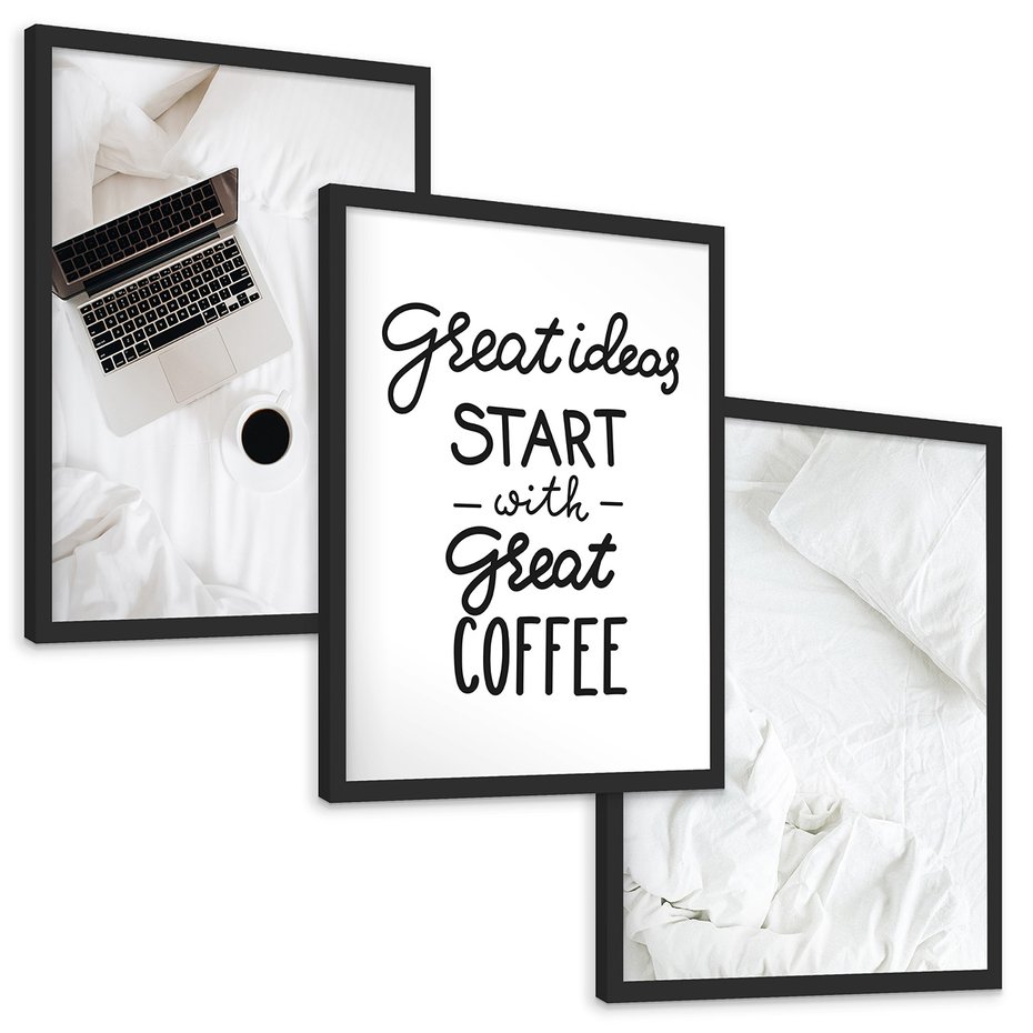Zestaw obrazy w ramie, plakaty - minimalizm, kawa, laptop - rama czarna