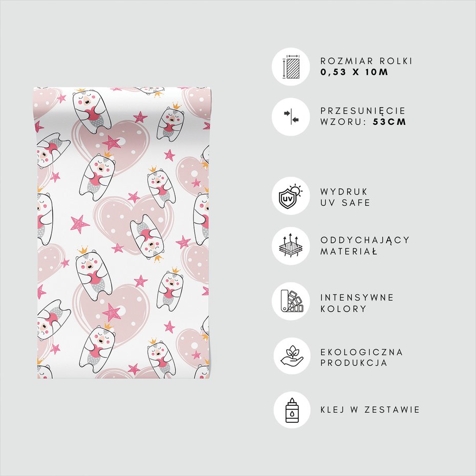 Tapeta - dziecięca, miś, korona, serce