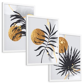 Zestaw obrazy w ramie, plakaty - liście, abstrakcja, złoto - rama biała