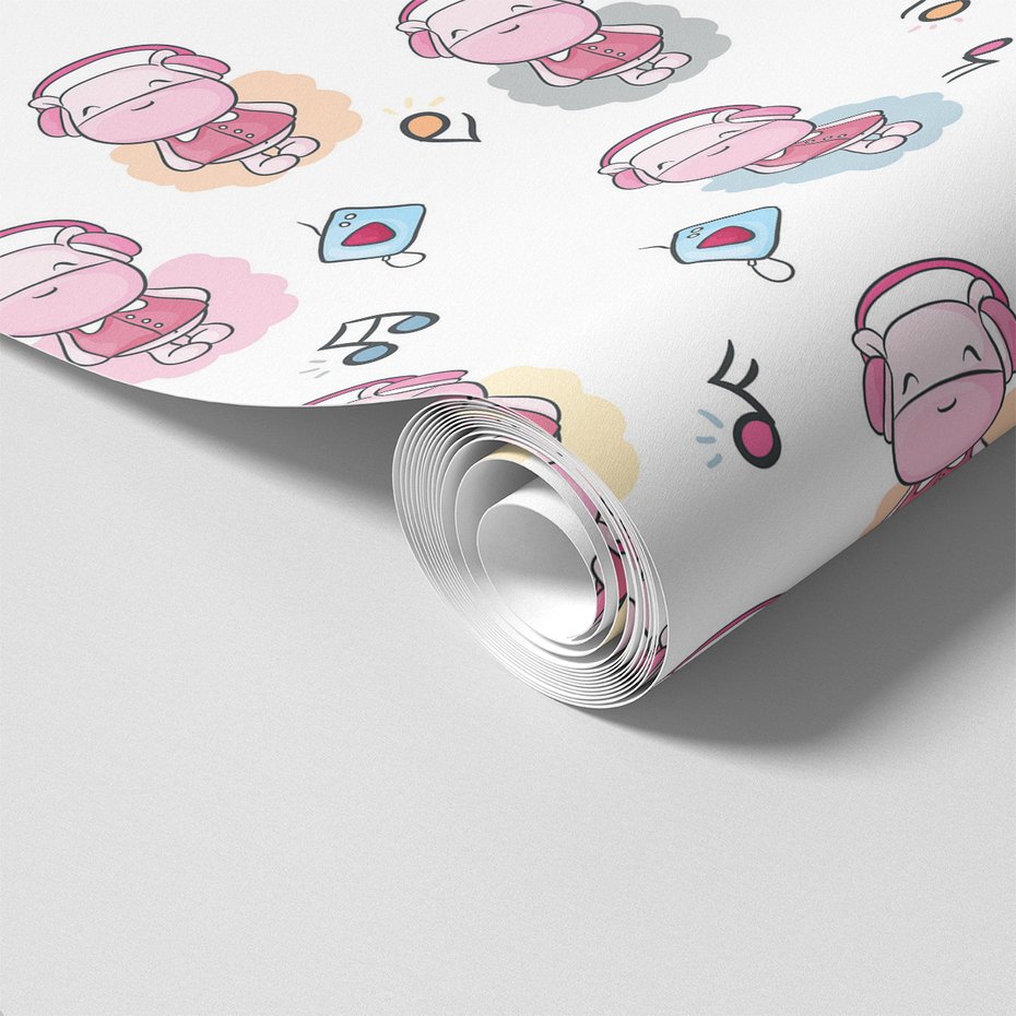 Tapeta - dziecięca, hipopotam, słuchawki, muzyka