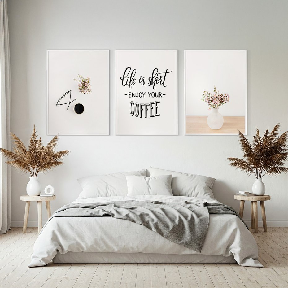 Zestaw obrazy w ramie, plakaty - kwiaty, kawa, okulary - rama biała