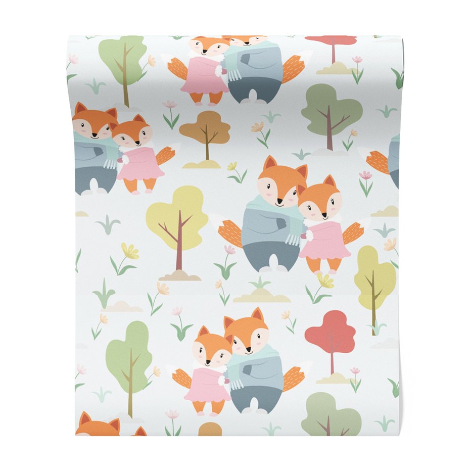 Tapeta - dziecięca, lisy, drzewa, kwiaty