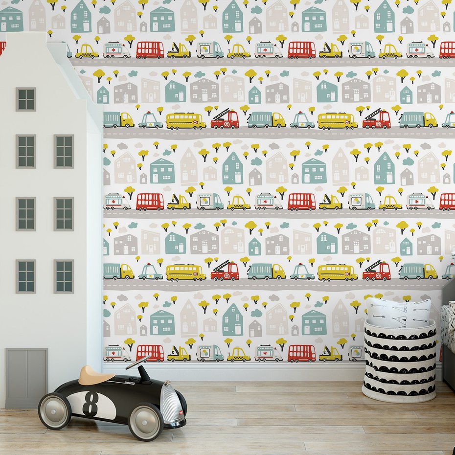 Tapeta - dziecięca, miasto, pojazdy, drzewa