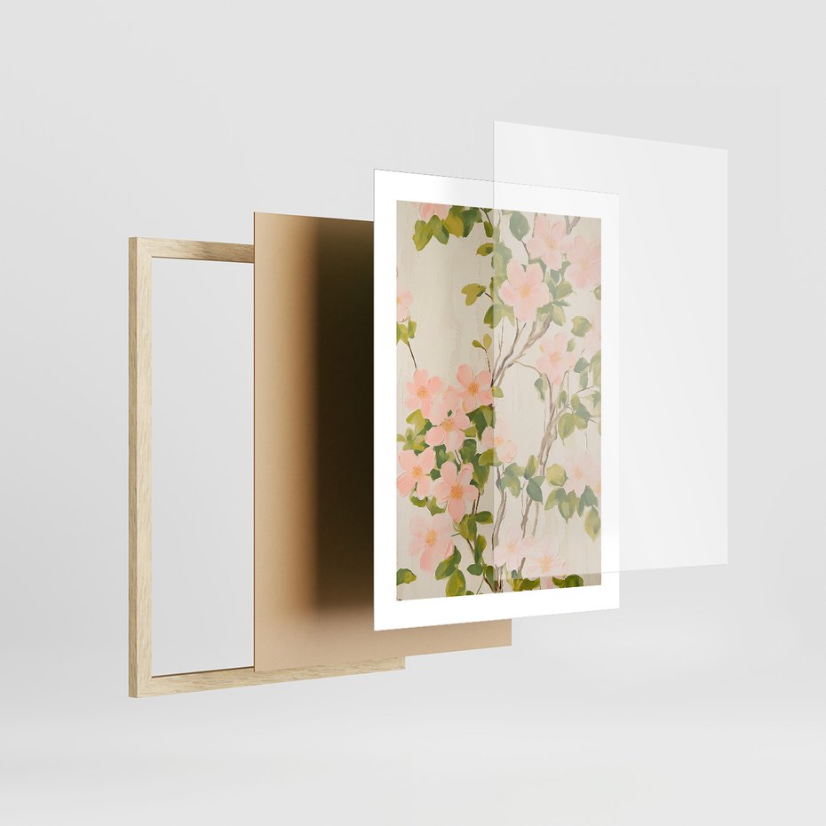 Zestaw obrazy w ramie, plakaty - kwiaty, rośliny, pastelowe - rama drewno