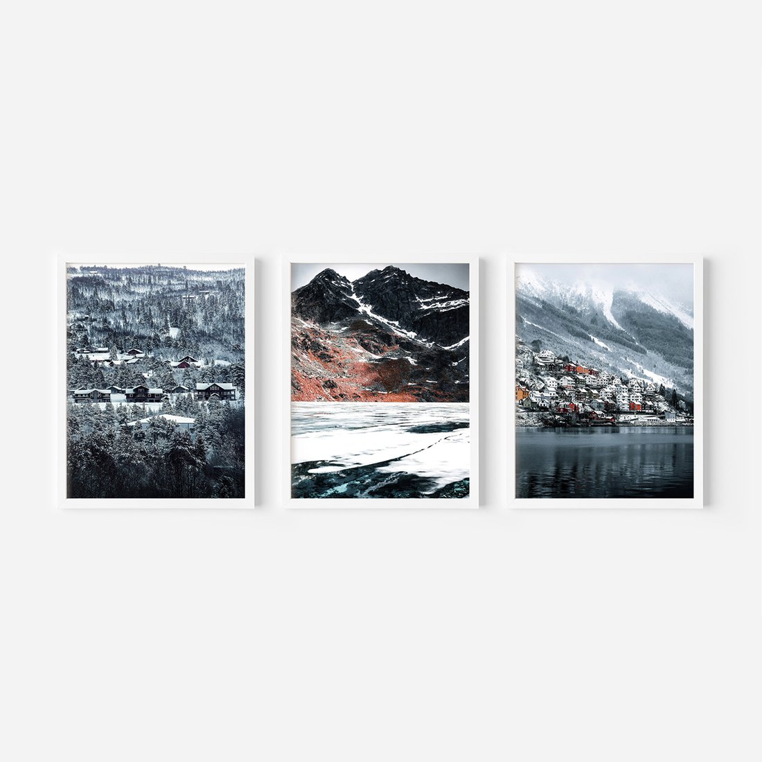 Zestaw obrazy w ramie, plakaty - śnieg, góry, zima - rama biała