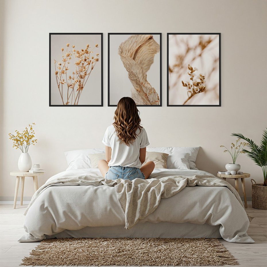 Zestaw obrazy w ramie, plakaty - roślina, kwiat, suszone - rama czarna